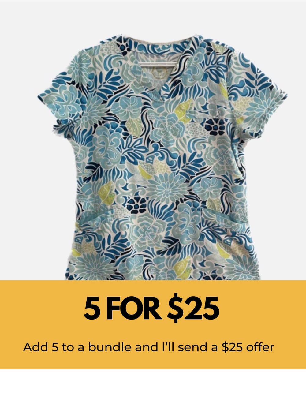Health Pro teal floral scrub top. 3 pockets.